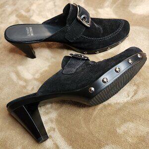 Stuart Weitzman Black Leater Buckle Slide Sport Suede Mules